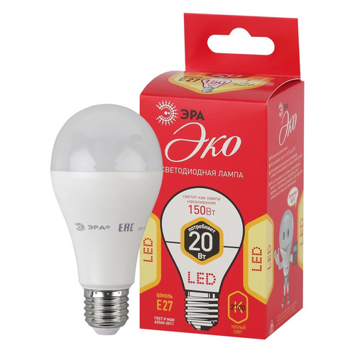 

Упаковка ламп ЭРА ECO LED A65-20W-827-E27, 20Вт, 1600lm, 25000ч, 2700К, E27, 3 шт. [б0031709], ECO LED A65-20W-827-E27