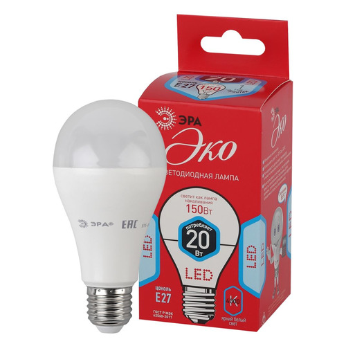 

Упаковка ламп ЭРА ECO LED A65-20W-840-E27, 20Вт, 1600lm, 25000ч, 4000К, E27, 3 шт. [б0031710, ECO LED A65-20W-840-E27