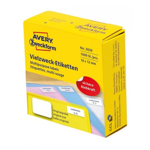 

Этикетки Avery Zweckform 3830 18x12мм 1000шт на листе/70г/м2/белый самоклей. универсальная (упак.:1р, 3830