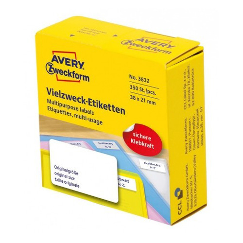 

Этикетки Avery Zweckform 3832 38x21мм 350шт на листе/70г/м2/белый самоклей. универсальная (упак.:1ру, 3832