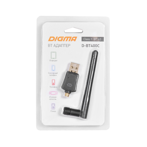 

Адаптер USB Digma D-BT400C Bluetooth 4.0+EDR class 1 100м черный, D-BT400C