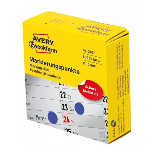 Этикетки Avery Zweckform 3853 диаметр 10мм 800шт на листе/70г/м2/синий самоклей. универсальная (упак
