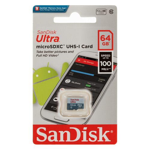 фото Карта памяти microsdxc uhs-i sandisk ultra light 64 гб, 100 мб/с, class 10, sdsqunr-064g-gn3mn, 1 шт.