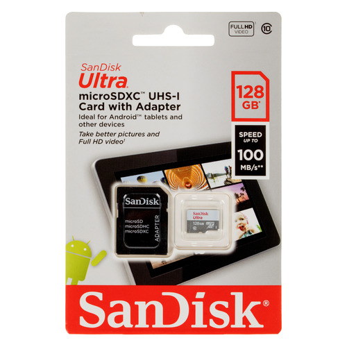 

Карта памяти microSDXC UHS-I Sandisk Ultra 128 ГБ, 100 МБ/с, Class 10, SDSQUNR-128G-GN6TA, 1 шт., переходник SD, SDSQUNR-128G-GN6TA