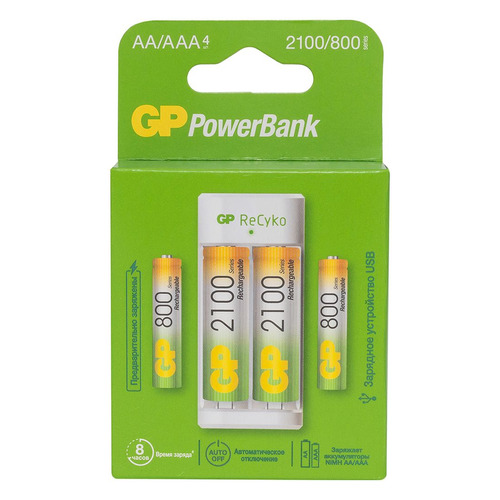 фото Aa/aaa аккумулятор + зарядное устройство gp powerbank е211, 4 шт. 2100мaч