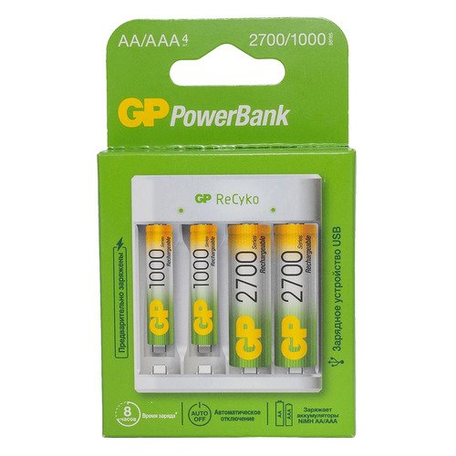 

AA/AAA Аккумулятор + зарядное устройство GP PowerBank Е411, 4 шт. 2700мAч, Е411