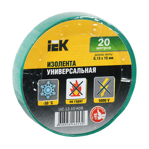 фото Изолента iek uiz-13-10-k06 ш.15мм 20м зеленый (упак.:10шт) (uiz-13-10-k06-10pcs)