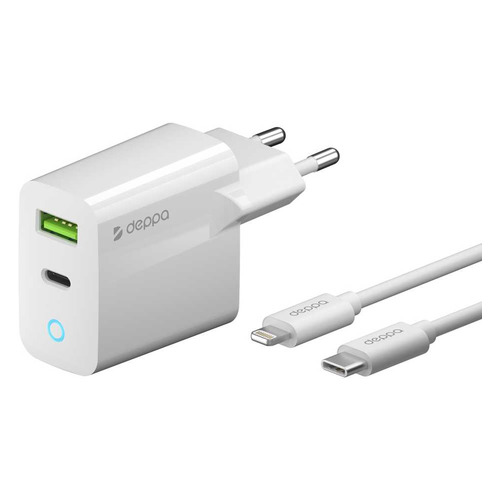 фото Сетевое зарядное устройство deppa 20w, usb + usb type-c, 8-pin lightning (apple), 3a, белый