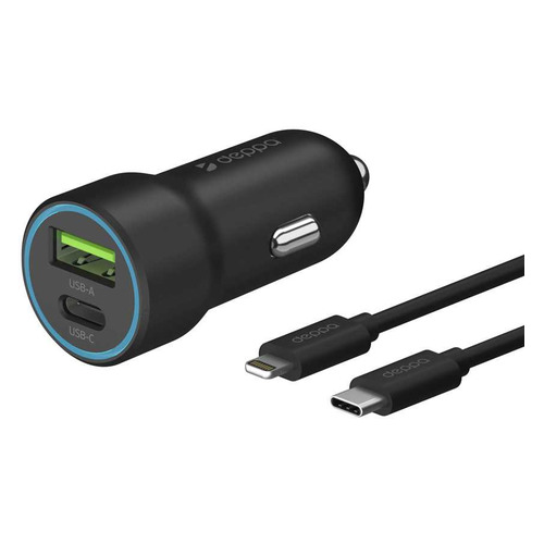 фото Автомобильное зарядное устройство deppa 20w, usb-c + usb-a, 8-pin lightning (apple), 3a, черный