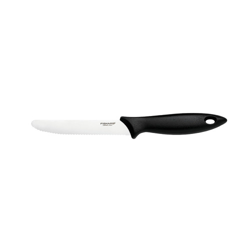 фото Нож кухонный fiskars essential (1023779) стальной для томатов лезв.120мм серрейт. заточка черный