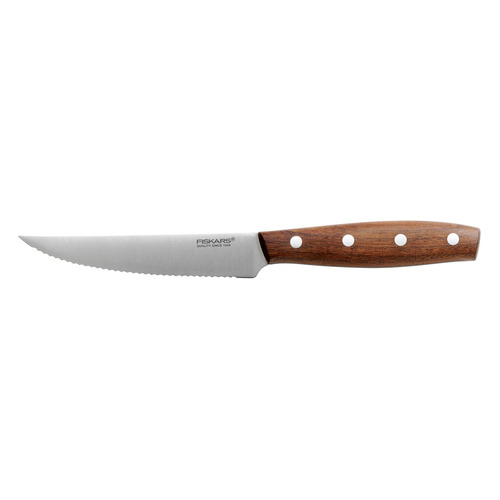 фото Нож кухонный fiskars norr (1016472) стальной для томатов лезв.120мм серрейт. заточка коричневый