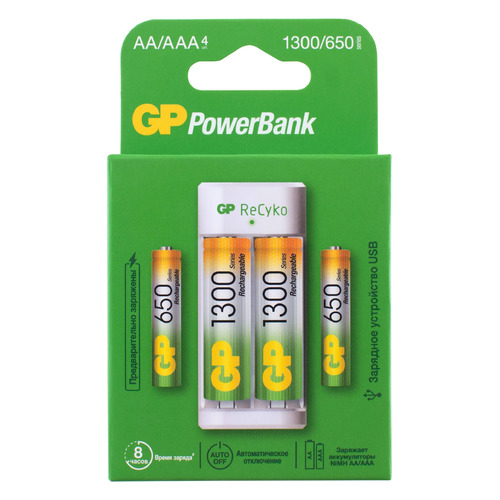 фото Aa аккумулятор + зарядное устройство gp powerbank e211130, 4 шт. 1300мaч