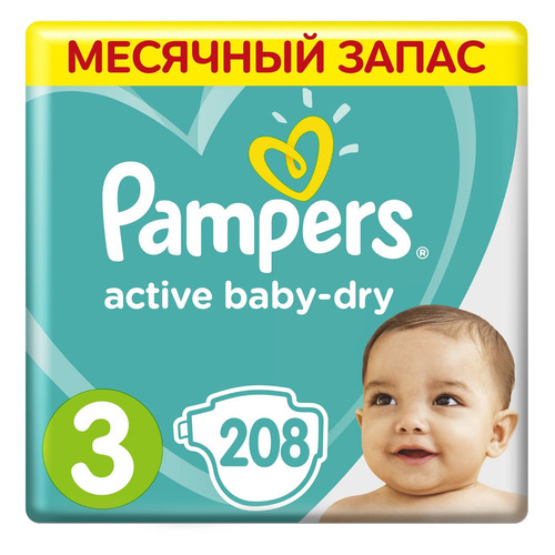 

Pampers подгузники Active Baby-Dry Midi, 6-10 кг, 3 размер, 208 шт., Midi