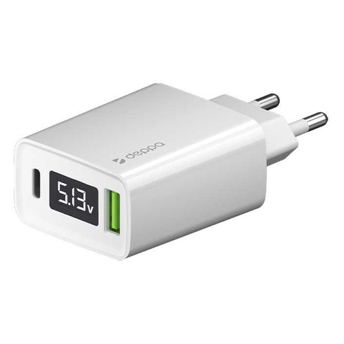 фото Сетевое зарядное устройство deppa 30w, usb + usb type-c, 3a, белый