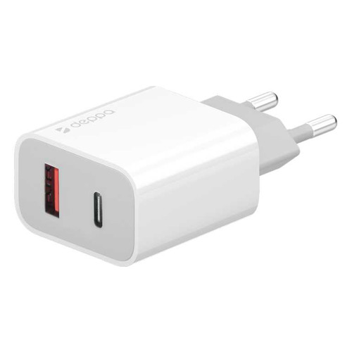 фото Сетевое зарядное устройство deppa 18w, usb + usb type-c, 3a, белый