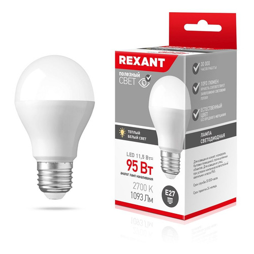 фото Упаковка ламп led rexant e27, груша, 11.5вт, 2700к, белый теплый, 604-003, 10 шт.