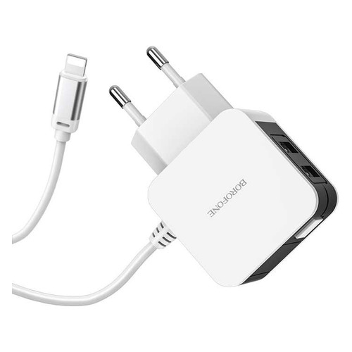 фото Сетевое зарядное устройство borofone ba41a power lake, 2xusb, 8-pin lightning (apple), 2.4a, белый noname