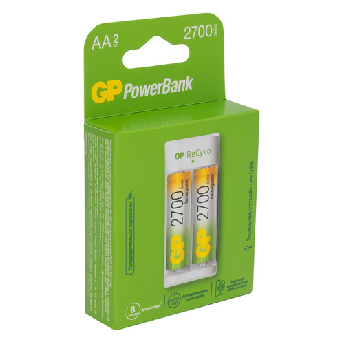 фото Aa аккумулятор + зарядное устройство gp powerbank e211270aahc-2crb2, 2 шт. 2700мaч