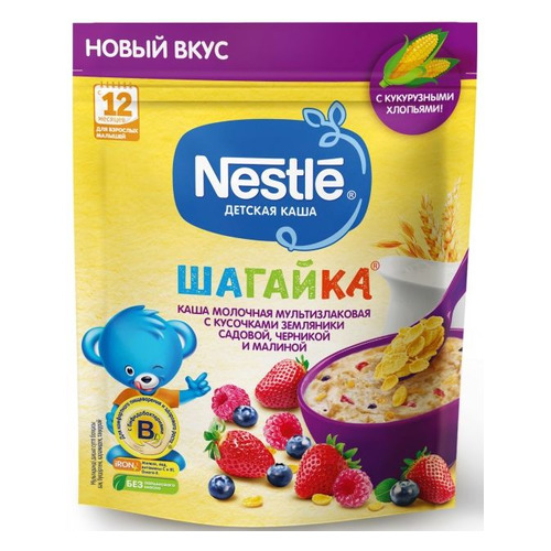 

Каша NESTLE молочная, мультизлаковая, Шагайка, земляника,черника,малина, с 12 месяцев, 220 г [12393542], Шагайка