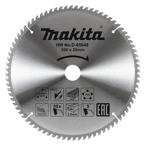 фото Пильный диск makita d-65654, по алюминию, дереву, пластику, 260мм, 30мм, 1шт