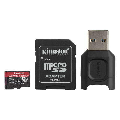 фото Карта памяти microsdxc uhs-i u3 kingston canvas react plus 128 гб, 285 мб/с, class 10, mlpmr2/128gb, 1 шт., переходник sd