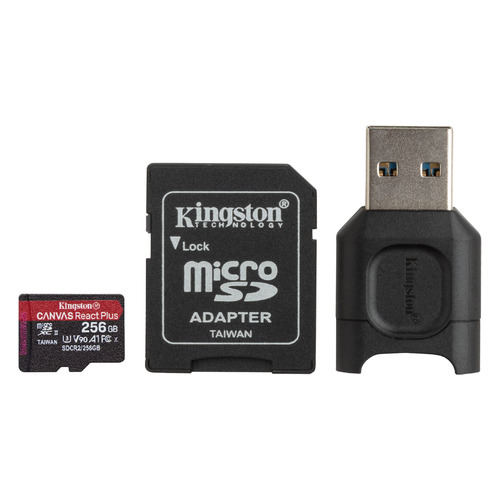 фото Карта памяти microsdxc uhs-i u3 kingston canvas react plus 256 гб, 285 мб/с, class 10, mlpmr2/256gb, 1 шт., переходник sd