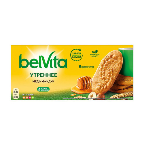 

Печенье Belvita Утреннее песочное 225гр нап.:мед/орех карт/уп 20 шт./кор., Утреннее