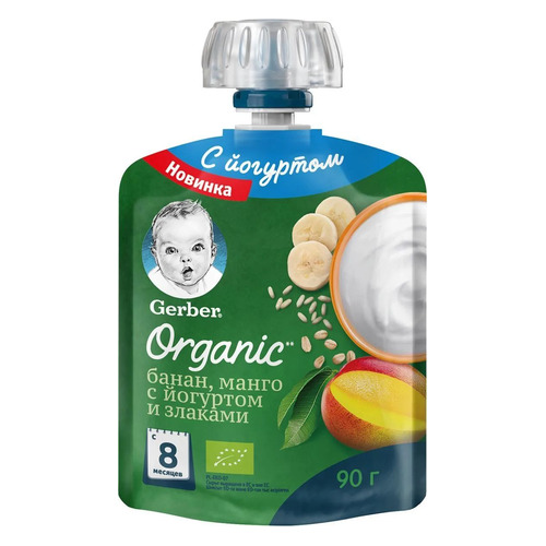 

Пюре GERBER Organic, фруктово-йогуртное, Банан манго с йогуртом и злаками, с 8 месяцев, 90 г [12353064], Банан манго с йогуртом и злаками