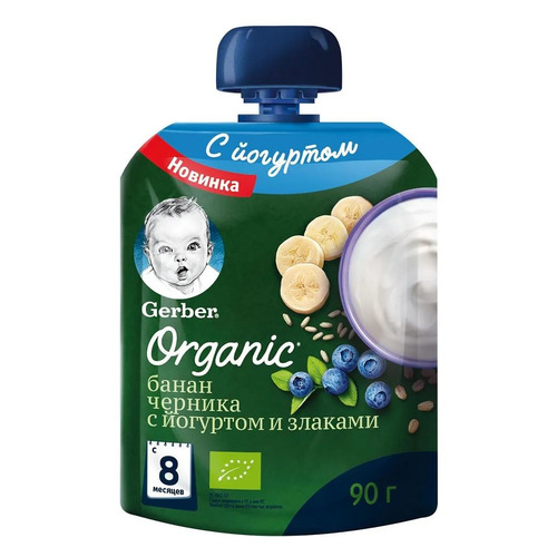 

Пюре GERBER Organic, фруктово-йогуртное, Банан черника со злаками, с 8 месяцев, 90 г [12462577], Банан черника со злаками