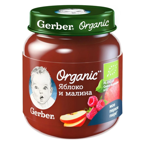 

Пюре GERBER Organic, фруктовое, Яблоко малина, с 5 месяцев, 125 г [12386144], Яблоко малина