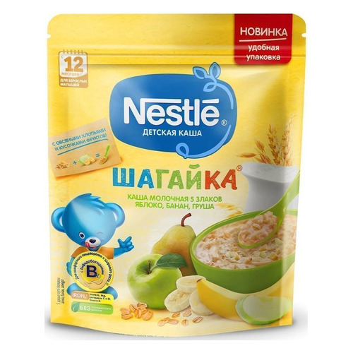 

Каша NESTLE молочная, 5 злаков, Шагайка, яблоко, банан, груша, с 12 месяцев, 200 г [12424658], Шагайка