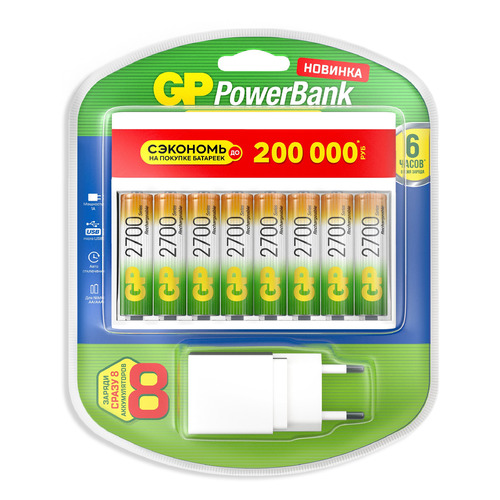 фото Aa аккумулятор + зарядное устройство gp powerbank 270aahc/cpbxl-2cr8, 8 шт. 2700мaч