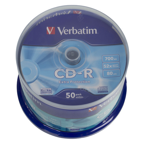 

Оптический диск CD-R VERBATIM 700МБ 52x, 50шт., cake box [43351], Нет