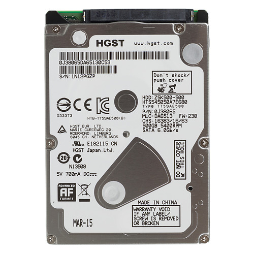 

Жесткий диск HGST Travelstar Z5K500 HTS545050A7E680, 500Гб, HDD, SATA III, 2.5" [0j38065]