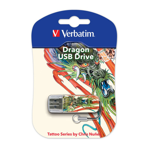 

Флешка USB VERBATIM Mini Tattoo Dragon 16ГБ, USB2.0, белый и рисунок [49888], Mini Tattoo Dragon