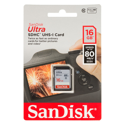 фото Карта памяти sdhc uhs-i sandisk ultra 80 16 гб, 80 мб/с, class 10, sdsdunc-016g-gn6in, 1 шт.