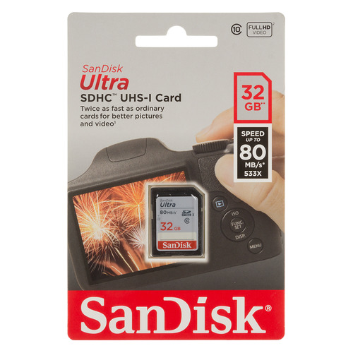 фото Карта памяти sdhc uhs-i sandisk ultra 80 32 гб, 80 мб/с, class 10, sdsdunc-032g-gn6in, 1 шт.