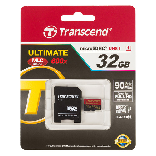 

Карта памяти microSDHC UHS-I TRANSCEND Ultimate 32 ГБ, Class 10, TS32GUSDHC10U1, 1 шт., переходник SD