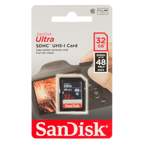 фото Карта памяти sdhc uhs-i sandisk ultra 48 32 гб, 48 мб/с, 320x, class 10, sdsdunb-032g-gn3in, 1 шт.