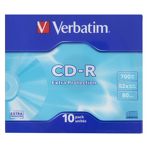 

Оптический диск CD-R VERBATIM 700МБ 52x, 10шт., slim case [43415], Нет