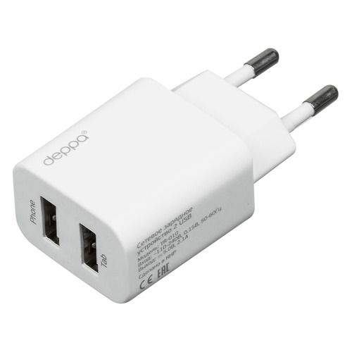

Сетевое зарядное устройство DEPPA Ultra, 2xUSB, 2.1A, белый