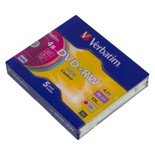 

Оптический диск DVD+RW VERBATIM 4.7ГБ 4x, 5шт., slim case, разноцветные [43297], Да