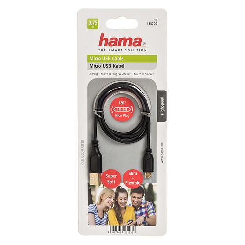 

Кабель HAMA micro USB B (m), USB A(m), 0.75м, черный [00135700]