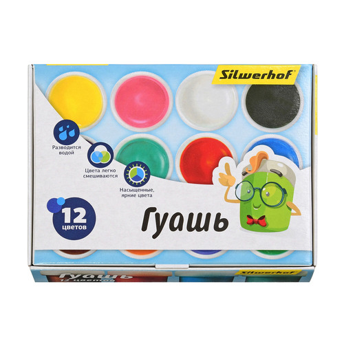 

Упаковка гуаши SILWERHOF Народная коллекция 962074-12, 12 цветов, баночка, 10мл, картонная коробка 24 шт./кор.