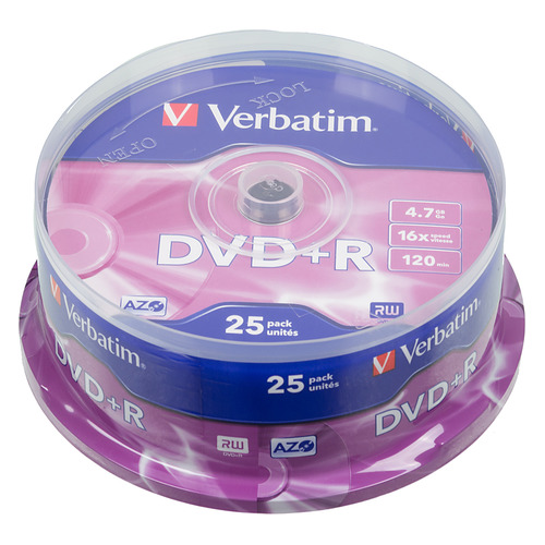 

Оптический диск DVD+R VERBATIM 4.7ГБ 16x, 25шт., cake box [43500], Нет