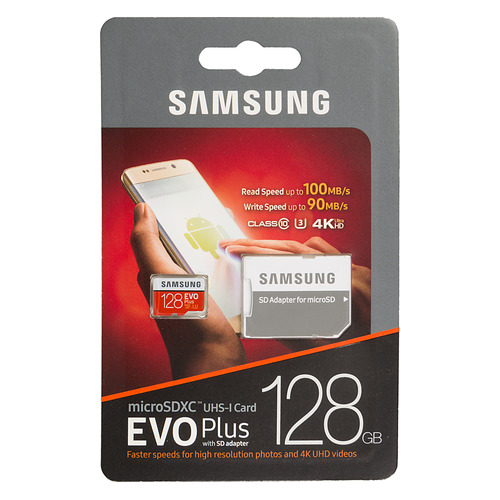 фото Карта памяти microsdxc uhs-i u3 samsung evo plus 2 128 гб, 100 мб/с, class 10, mb-mc128ga/ru, 1 шт., переходник sd