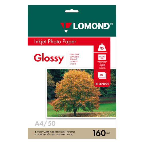 

Фотобумага Lomond 0102055, A4, 160г/м2, 50л, для струйной печати, белый, покрытие глянцевое, 0102055