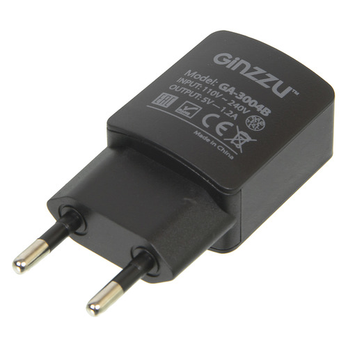 фото Сетевое зарядное устройство ginzzu ga-3004b, usb, microusb, 1.2a, черный