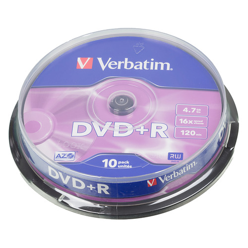 

Оптический диск DVD+R VERBATIM 4.7ГБ 16x, 10шт., cake box [43498], Нет