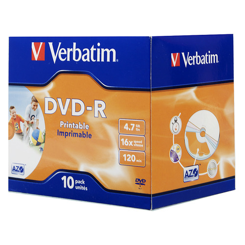 фото Оптический диск dvd-r verbatim 4.7гб 16x, 10шт., jewel case, printable [43521]